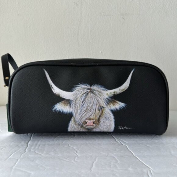 OCS Design Cow Large Cosmetic Bag Pouch Black Top Double zip closure & handle - Picture 7 of 16
